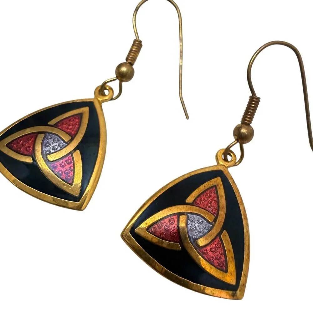 Celtic Enamel Earrings by Sea Gems Pierced Dangle Triangle Goldtone